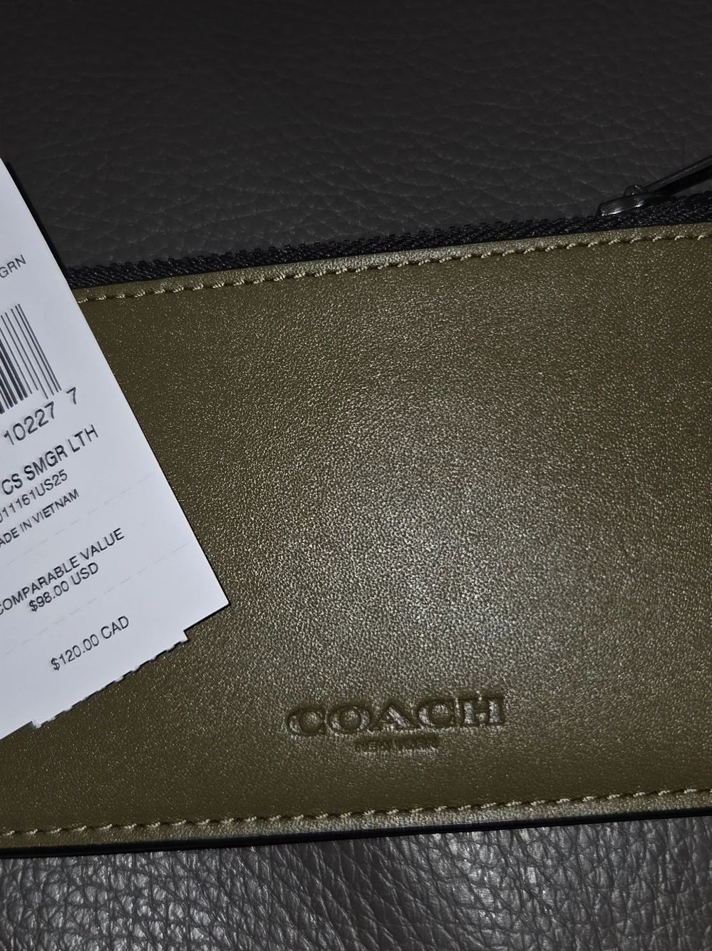 Coach Olive Green Leather Zip Pouch Card Holder with Embossed Logo